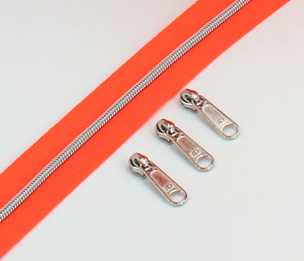 Endlosreißverschluss metallisiert schmal neonorange/silber (1m)